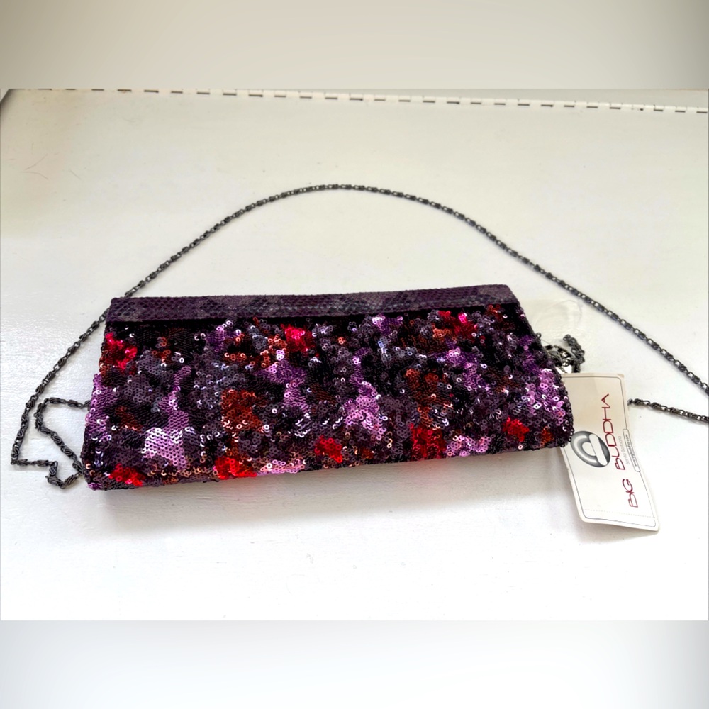 NWT Big Buddha Women's Handbag Purple Crossbody Clutch Bag Holiday Sequin Purse